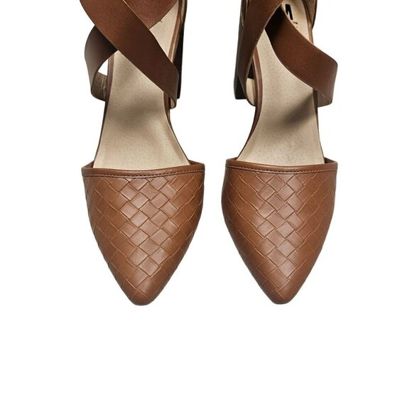 SM New York Brown Faux Leather Block Stacked Heel Ankle Strap Shoes Woven Buckle - Picture 2 of 7